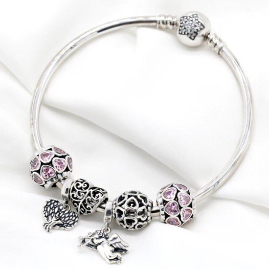 Pulsera de plata de ley 925 sólida para madre, abalorio redondo de corazones rosas, Cupido, árbol de la sabiduría, joyería artesanal, regalo romántico de lujo Pulsera de plata de ley 925 sólida para madre, abalorio redondo de corazones rosas, Cupido, árbol de la sabiduría, joyería artesanal, regalo romántico de lujo - malaquita tienda 36