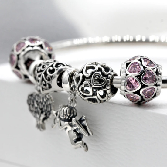 Pulsera de plata de ley 925 sólida para madre, abalorio redondo de corazones rosas, Cupido, árbol de la sabiduría, joyería artesanal, regalo romántico de lujo Pulsera de plata de ley 925 sólida para madre, abalorio redondo de corazones rosas, Cupido, árbol de la sabiduría, joyería artesanal, regalo romántico de lujo - malaquita tienda 36