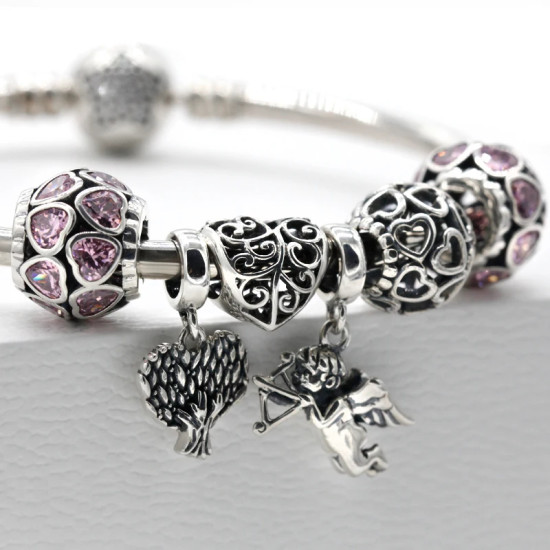 Pulsera de plata de ley 925 sólida para madre, abalorio redondo de corazones rosas, Cupido, árbol de la sabiduría, joyería artesanal, regalo romántico de lujo Pulsera de plata de ley 925 sólida para madre, abalorio redondo de corazones rosas, Cupido, árbol de la sabiduría, joyería artesanal, regalo romántico de lujo - malaquita tienda 36