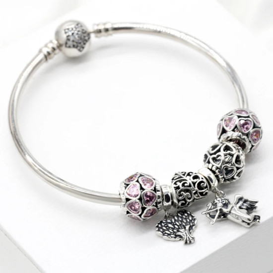Pulsera de plata de ley 925 sólida para madre, abalorio redondo de corazones rosas, Cupido, árbol de la sabiduría, joyería artesanal, regalo romántico de lujo Pulsera de plata de ley 925 sólida para madre, abalorio redondo de corazones rosas, Cupido, árbol de la sabiduría, joyería artesanal, regalo romántico de lujo - malaquita tienda 36