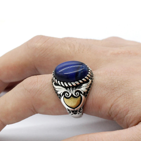 Anillo de plata de ley S925, ojo de tigre azul Natural hecho a mano, anillo de regalo de lujo para fiesta de vacaciones Punk Türkiye Anillo de plata de ley S925, ojo de tigre azul Natural hecho a mano, anillo de regalo de lujo para fiesta de vacaciones Punk Türkiye - malaquita tienda 36