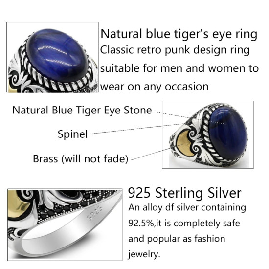 Anillo de plata de ley S925, ojo de tigre azul Natural hecho a mano, anillo de regalo de lujo para fiesta de vacaciones Punk Türkiye Anillo de plata de ley S925, ojo de tigre azul Natural hecho a mano, anillo de regalo de lujo para fiesta de vacaciones Punk Türkiye - malaquita tienda 36